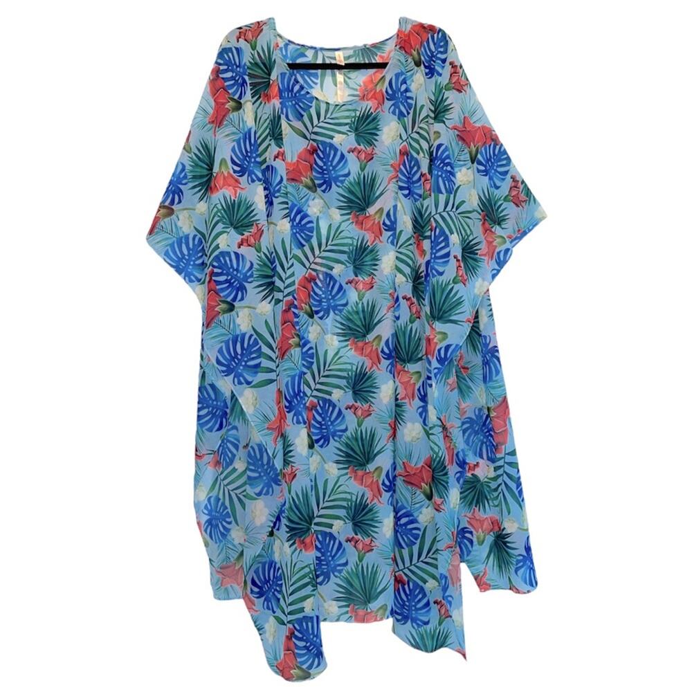 Rhonda Shear Tropical Blue Floral Poncho Sheer Swim Cover-up OS